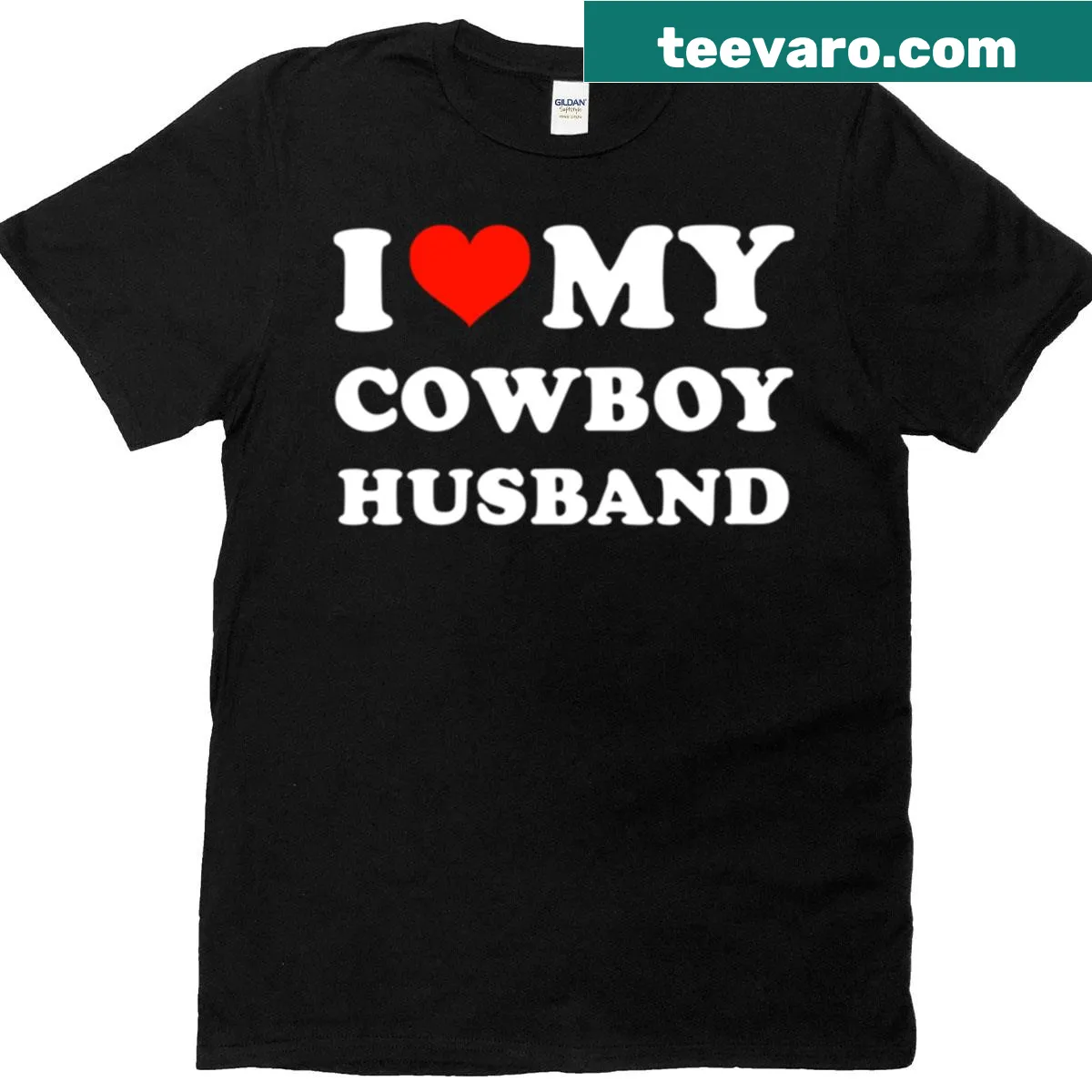 T-shirt that says 'I Love My Cowboy Husband' in a loving design — on a men's t-shirt