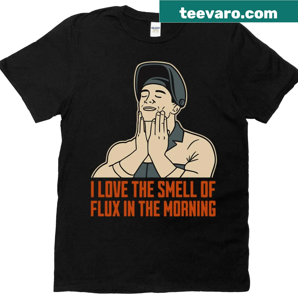 Oversized T-shirt with text saying I Love The Smell Of Flux — on a men's t-shirt