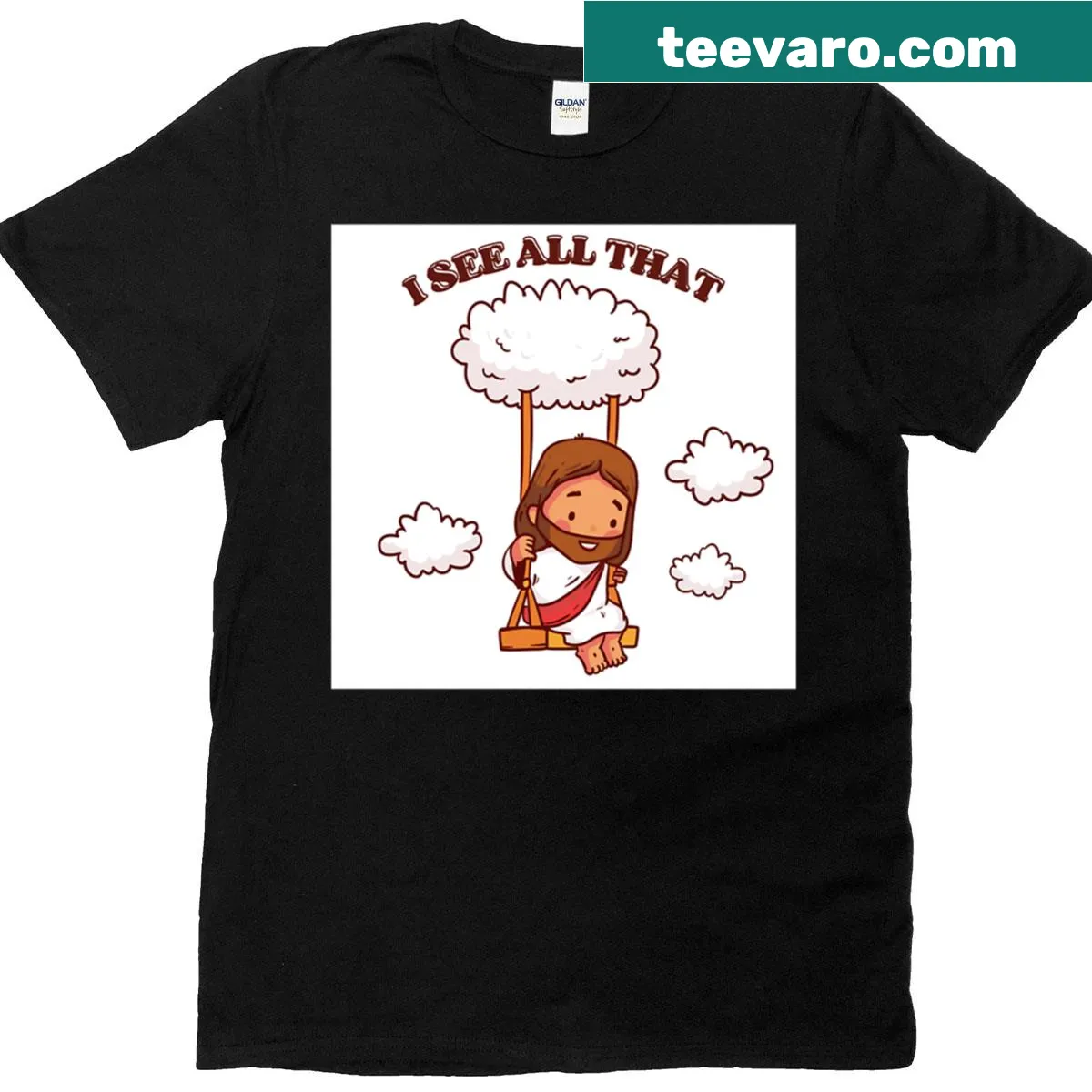 Illustration of Jesus on a cloud swing with playful design — on a men's t-shirt