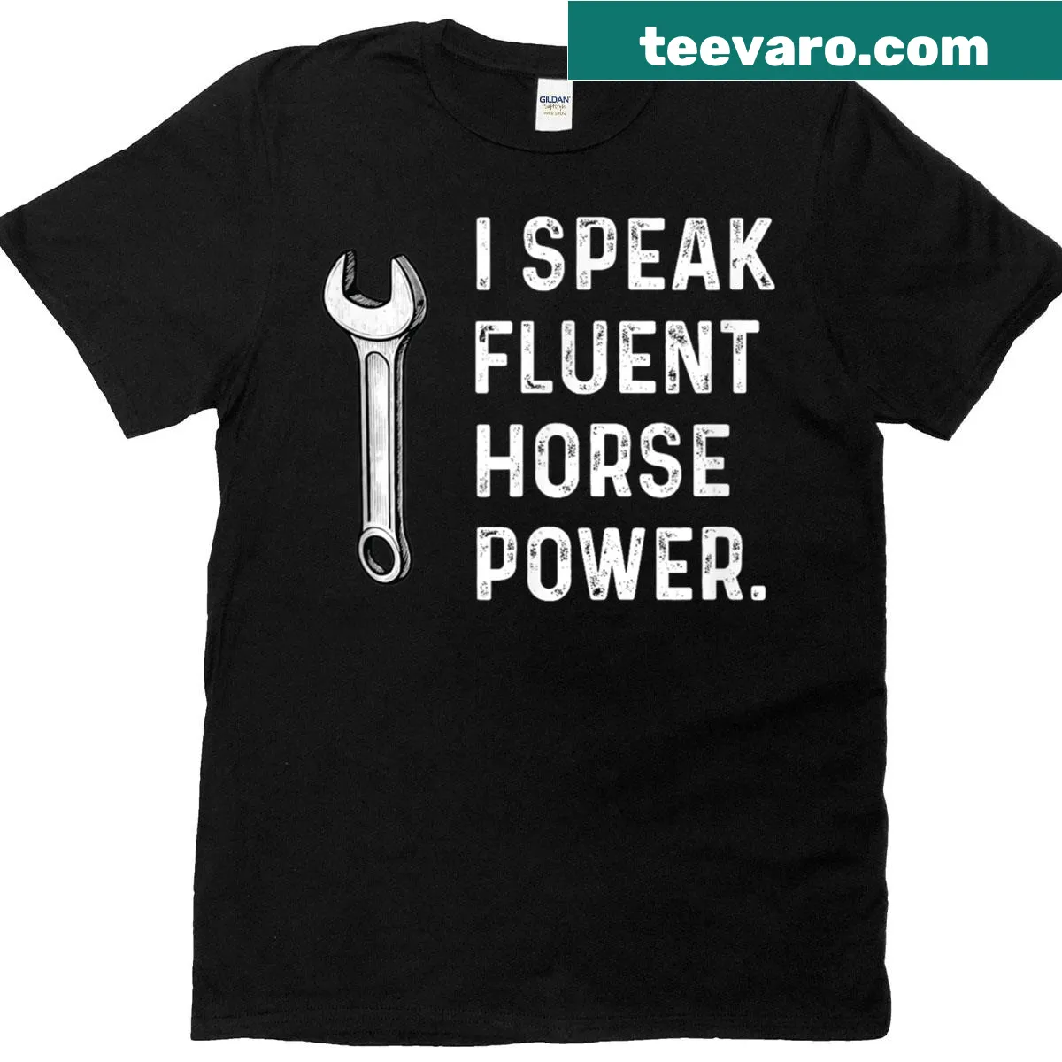 Automotive-themed shirt with horsepower graphic — on a men's t-shirt