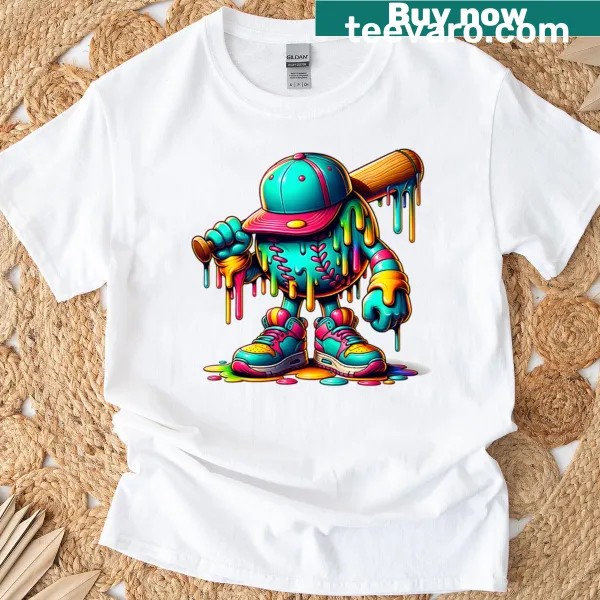 T-shirt featuring an ice cream drip and baseball graphics