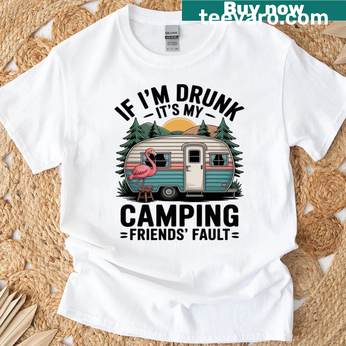 Funny camping-themed t-shirt with a flamingo and humorous text. — on a men's t-shirt