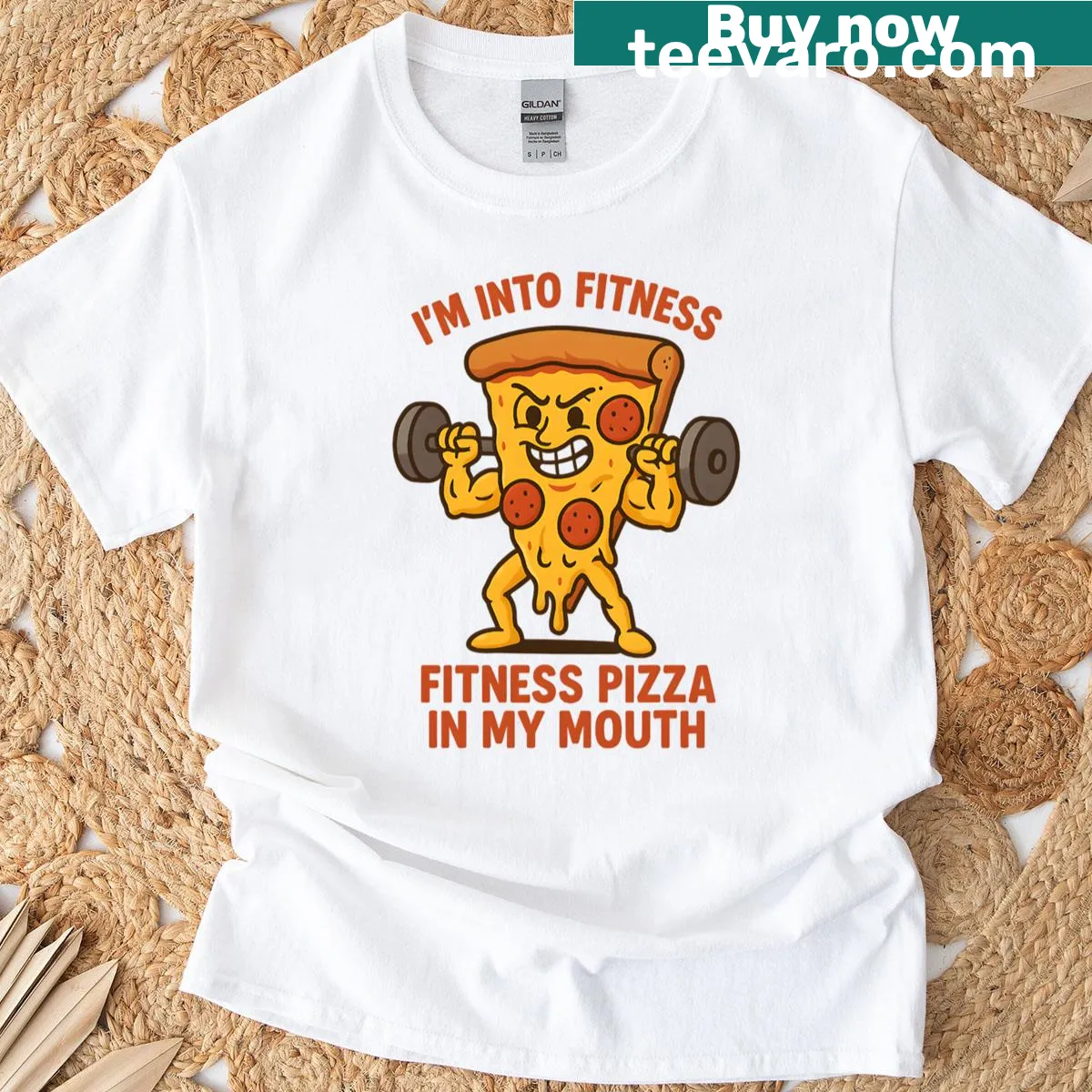 Funny graphic T-shirt with a fitness pizza slogan — on a men's t-shirt