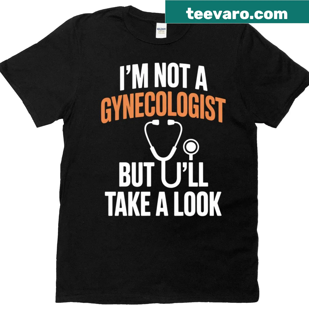Funny T-shirt with the phrase 'I'm not a gynecologist' and stethoscope graphic — on a men's t-shirt