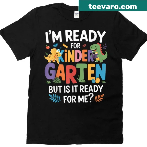 Dinosaur-themed t-shirt saying Im Ready For Kindergarten for kids.