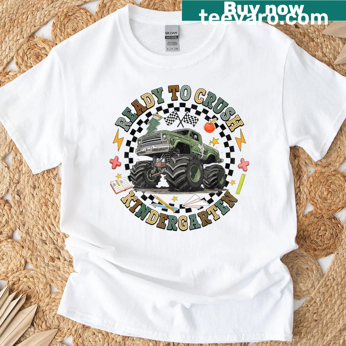 Monster truck graphic T-shirt for kids heading back to school — on a men's t-shirt