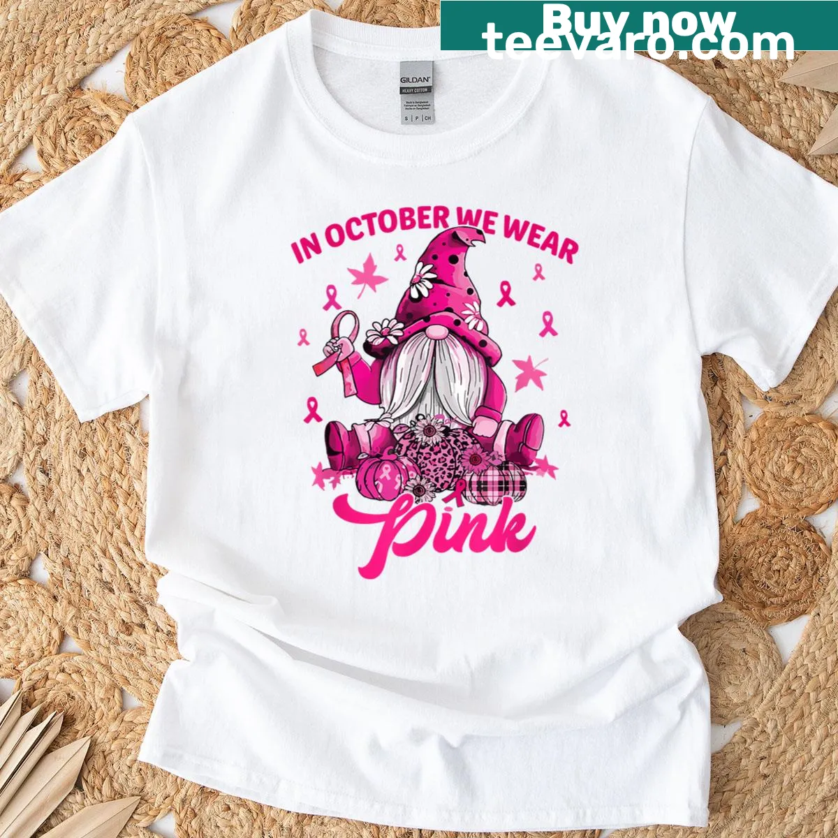 Breast Cancer awareness t-shirt featuring a pink gnome illustration. — on a men's t-shirt