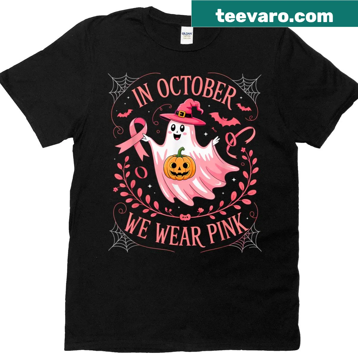 Breast Cancer Awareness T-shirt with witches in pink for October — on a men's t-shirt