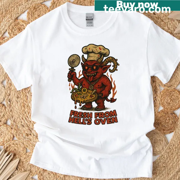 Bold t-shirt featuring a cartoon demon chef with pizza.