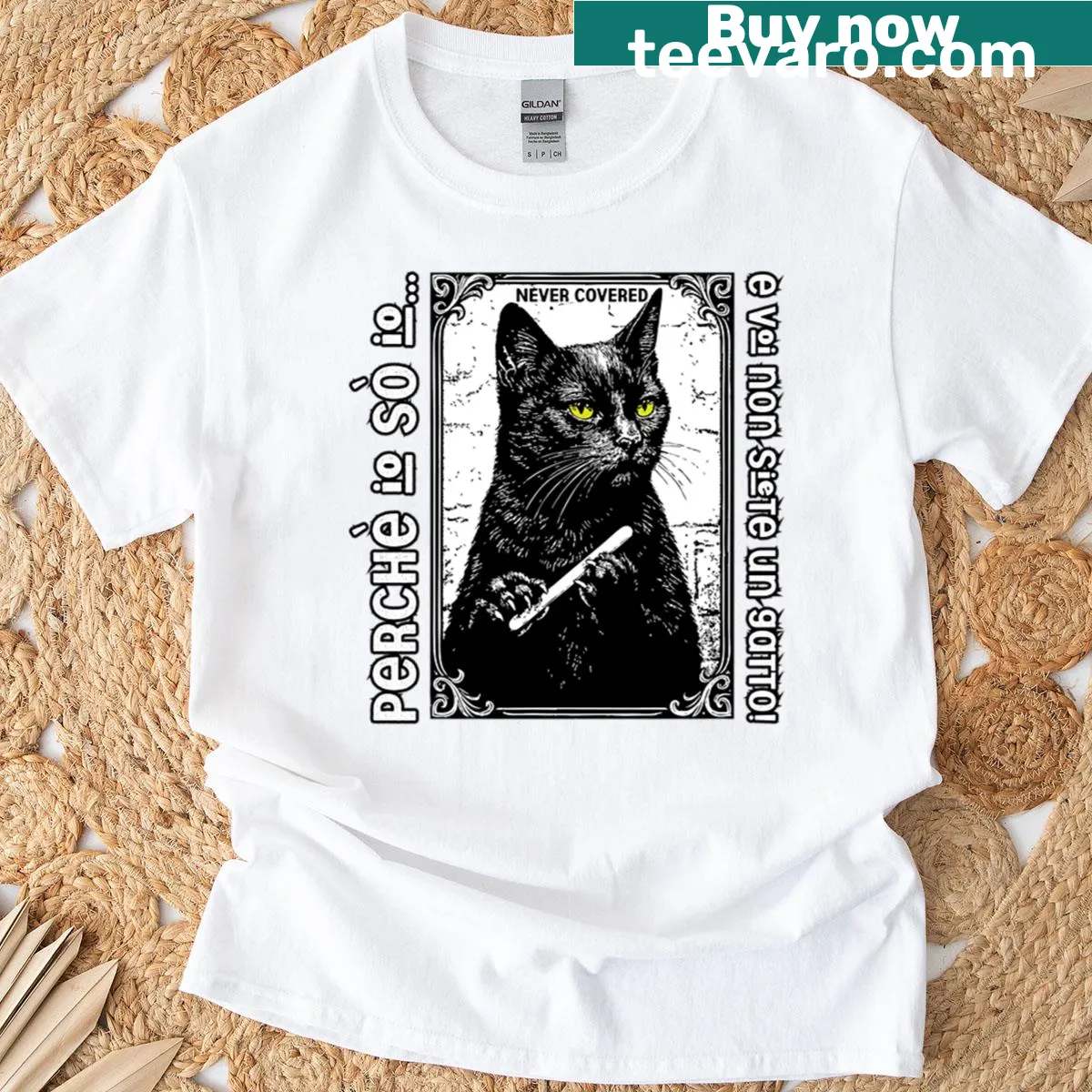 Playful t-shirt with humorous text about identity and cats. — on a men's t-shirt