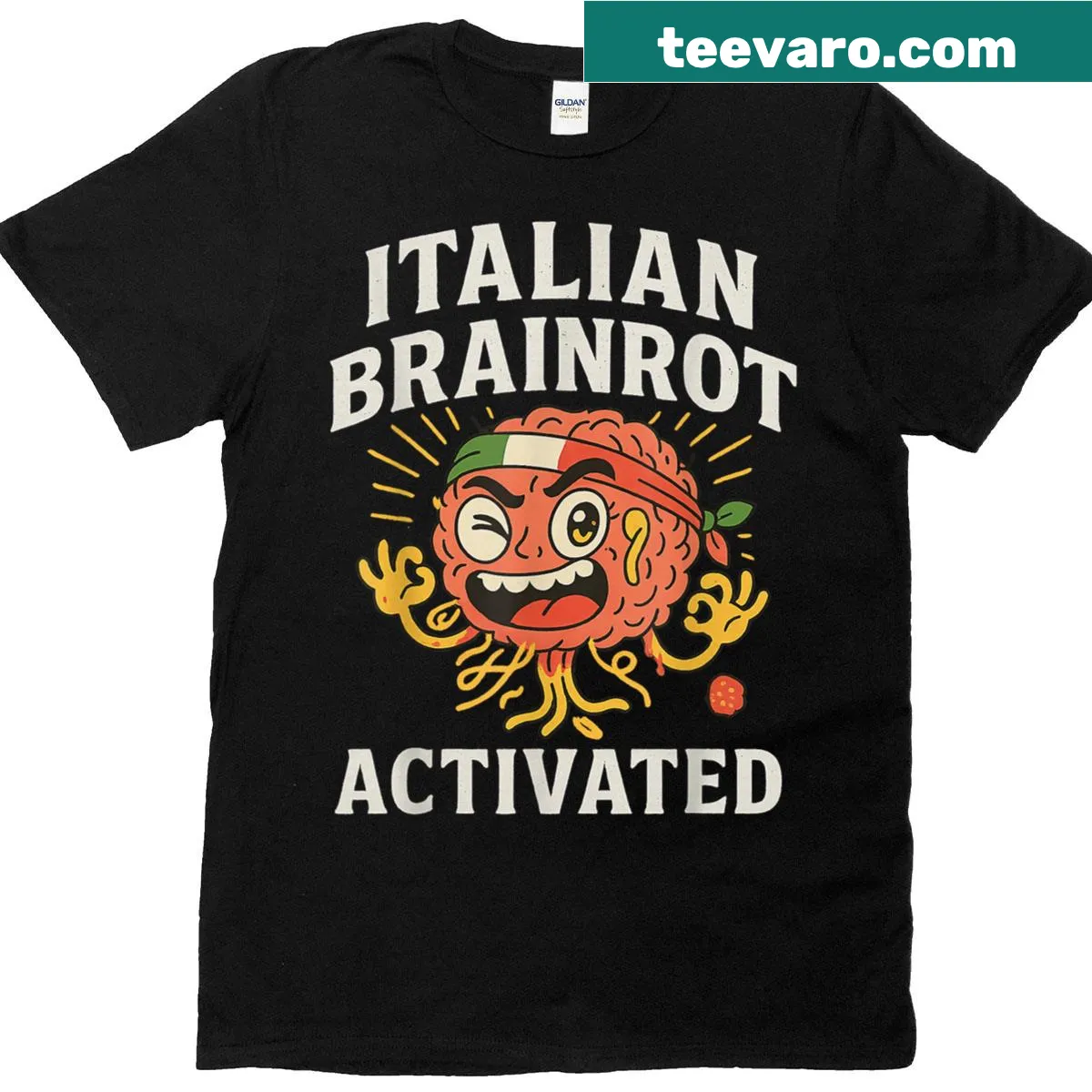 Funny Italian chaos meme t-shirt for Gen Alpha with bold text — on a men's t-shirt