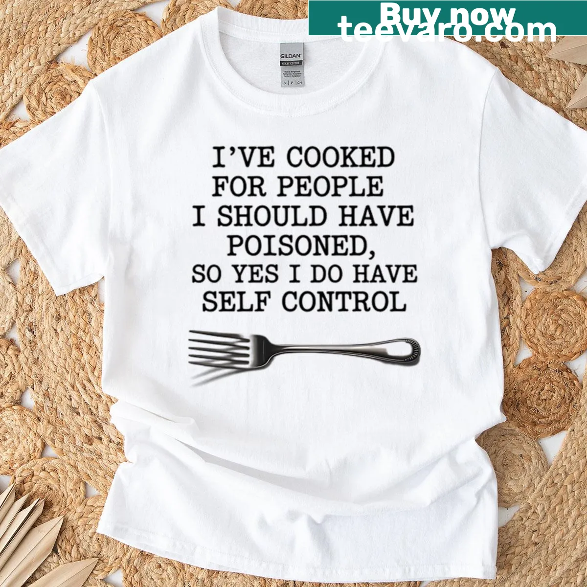 Funny t-shirt with humorous cooking saying about self-control — on a men's t-shirt