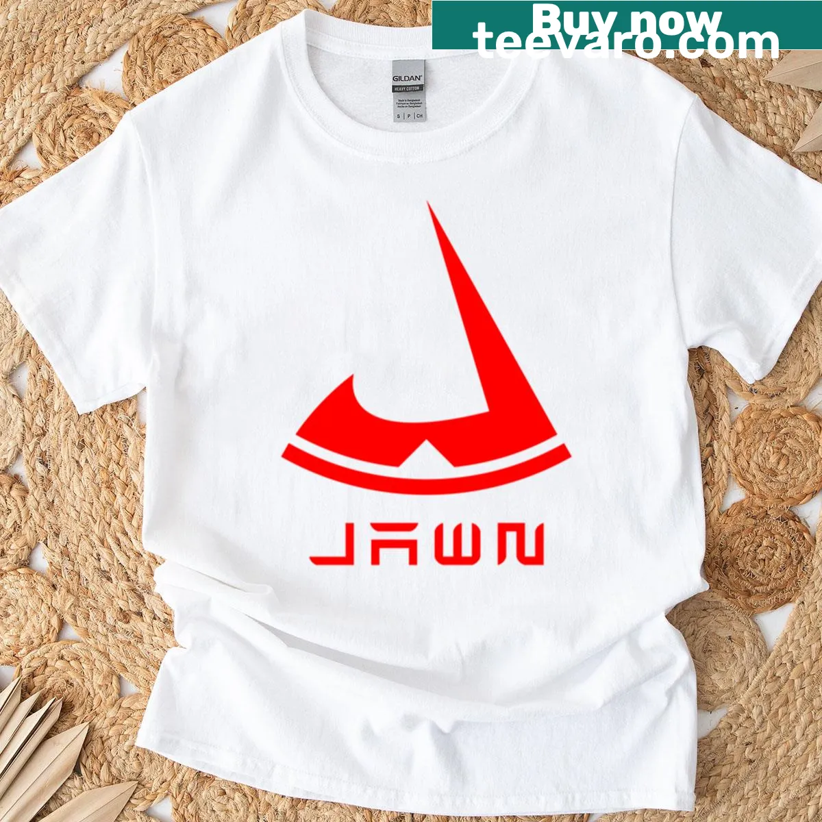 T-shirt with a red J logo in a futuristic font — on a men's t-shirt