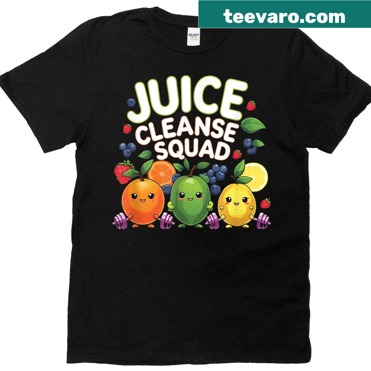 Funny Juice Cleanse Squad t-shirt with cartoon fruit illustrations — on a men's t-shirt