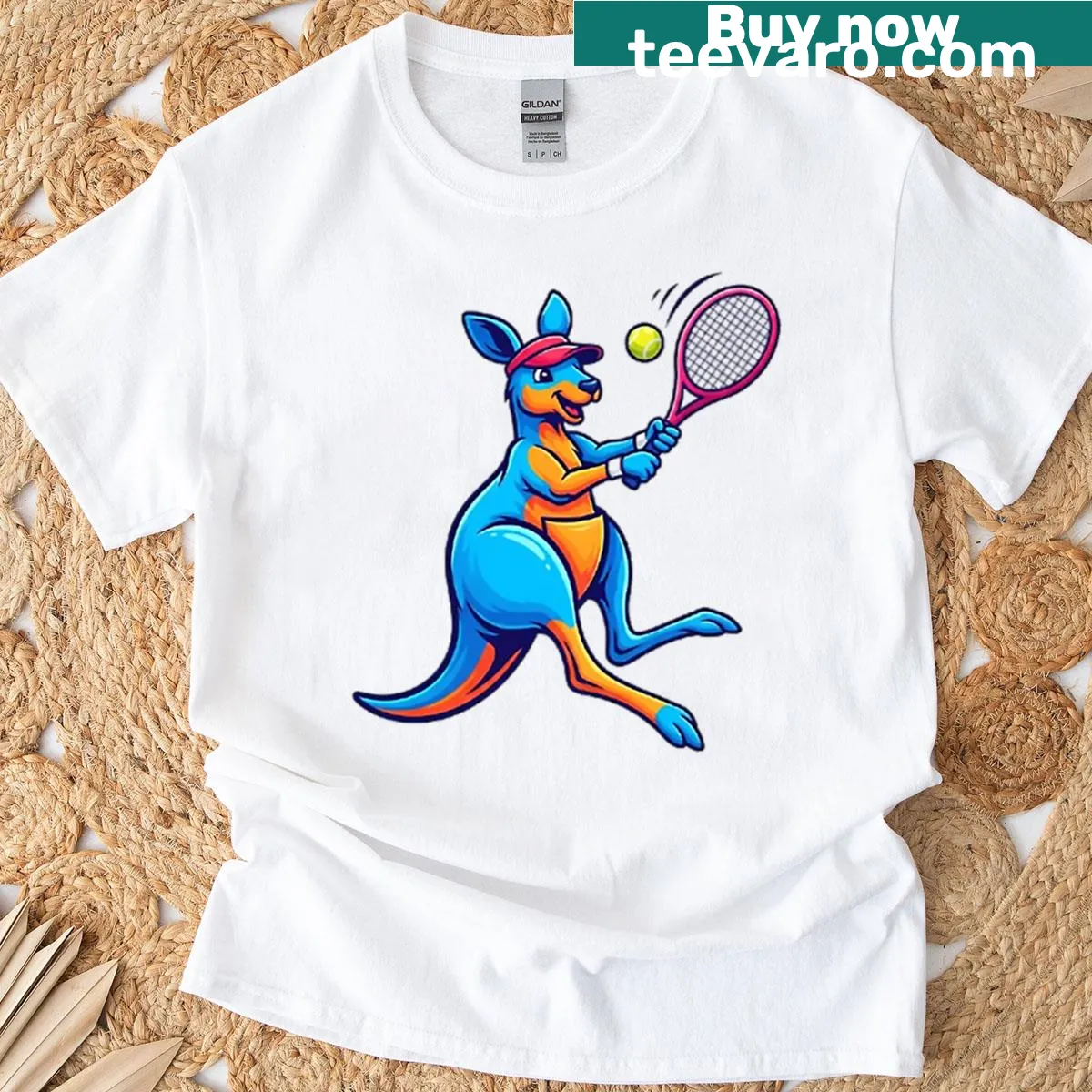 T-shirt featuring a kangaroo playing tennis — on a men's t-shirt