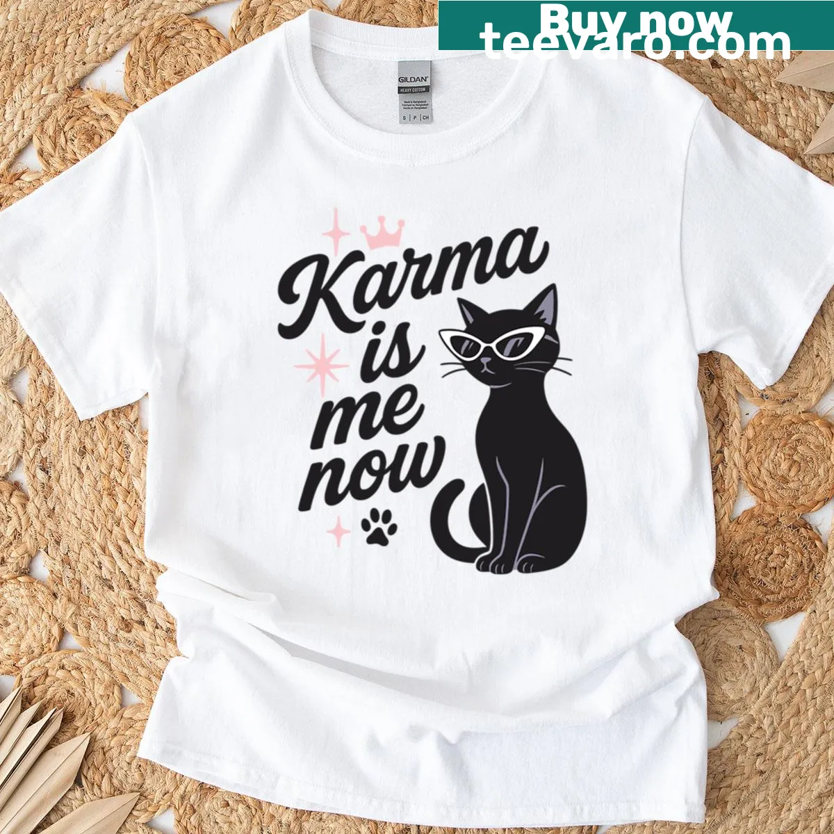 Sassy cat-themed t-shirt with the phrase 'Karma Is Me Now' in fun typography. — on a men's t-shirt