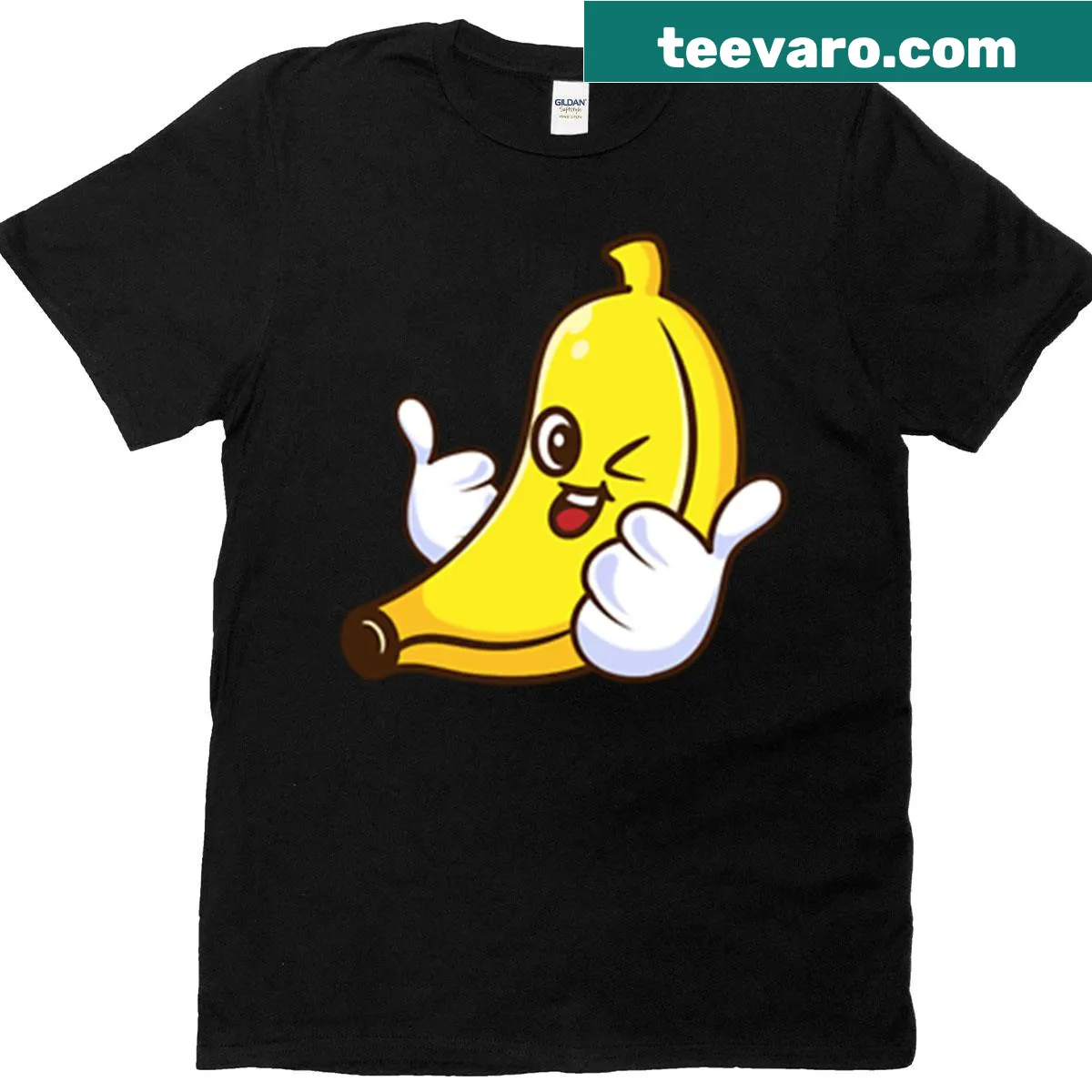 Cute cartoon banana character T-shirt with a friendly face — on a men's t-shirt