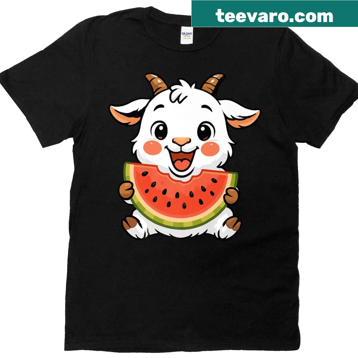 Cartoon goat eating watermelon graphic on a summer-themed t-shirt — on a men's t-shirt