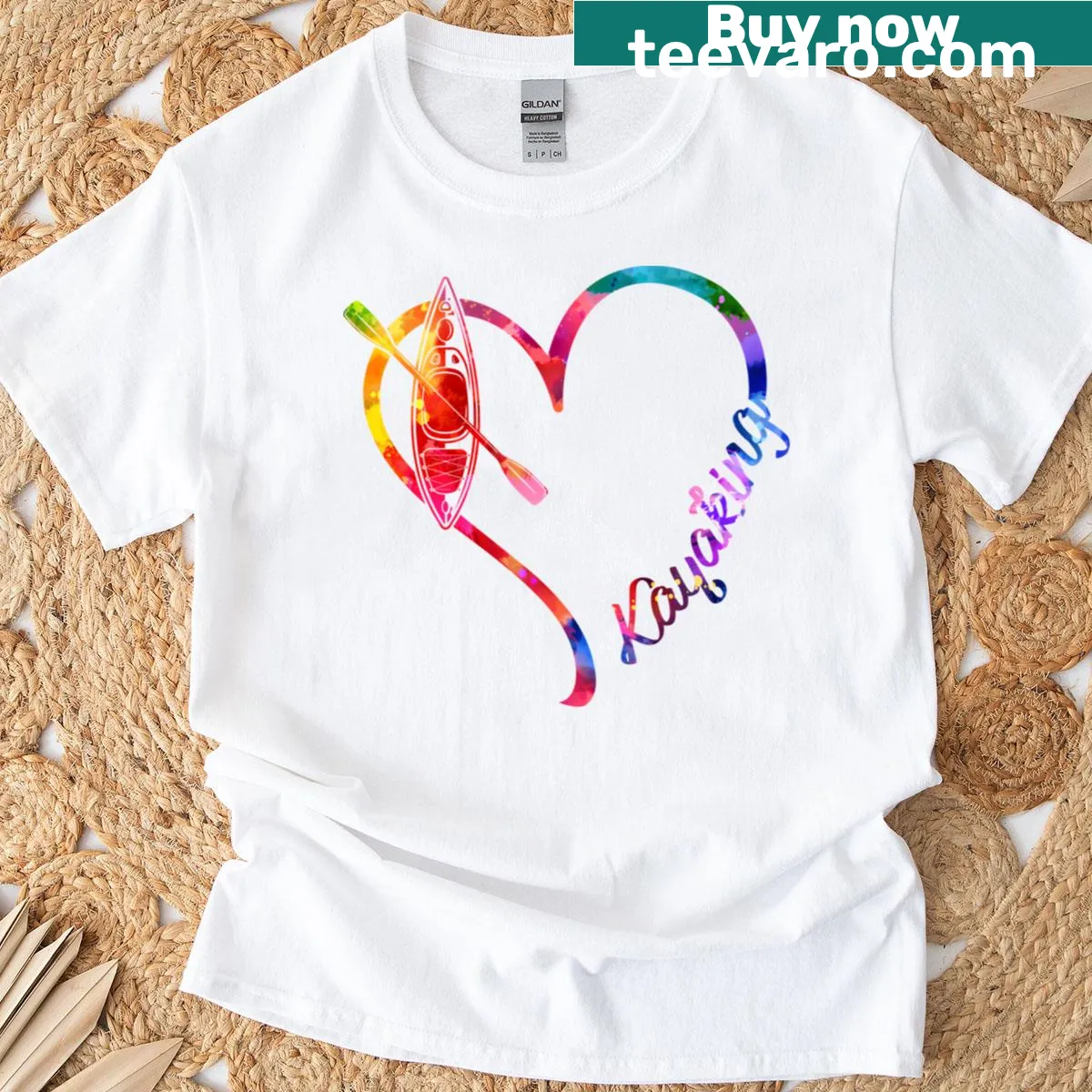 T-shirt with a heart-shaped kayaking graphic — on a men's t-shirt
