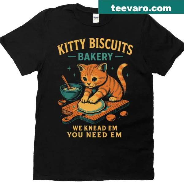 Cute bakery-themed shirt with cat and biscuit design