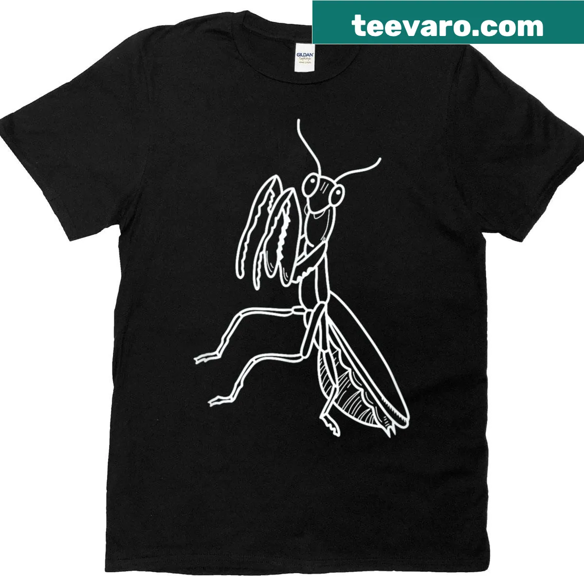 Graphic of a large praying mantis on a T-shirt — on a men's t-shirt