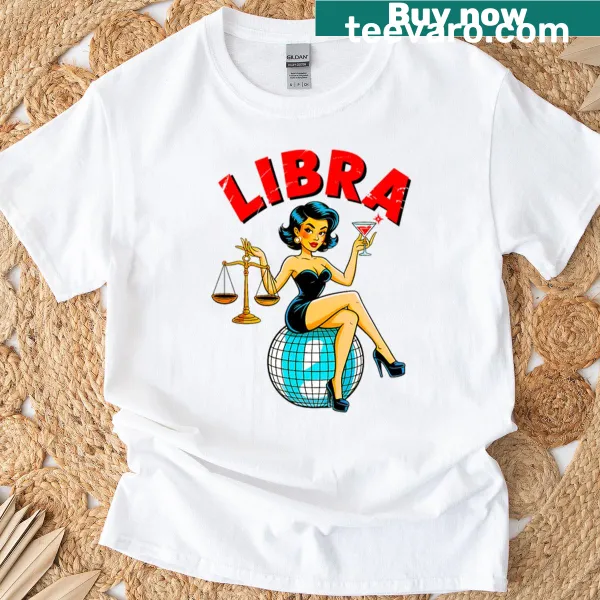 Illustrated Libra zodiac girl on a disco ball graphic t-shirt