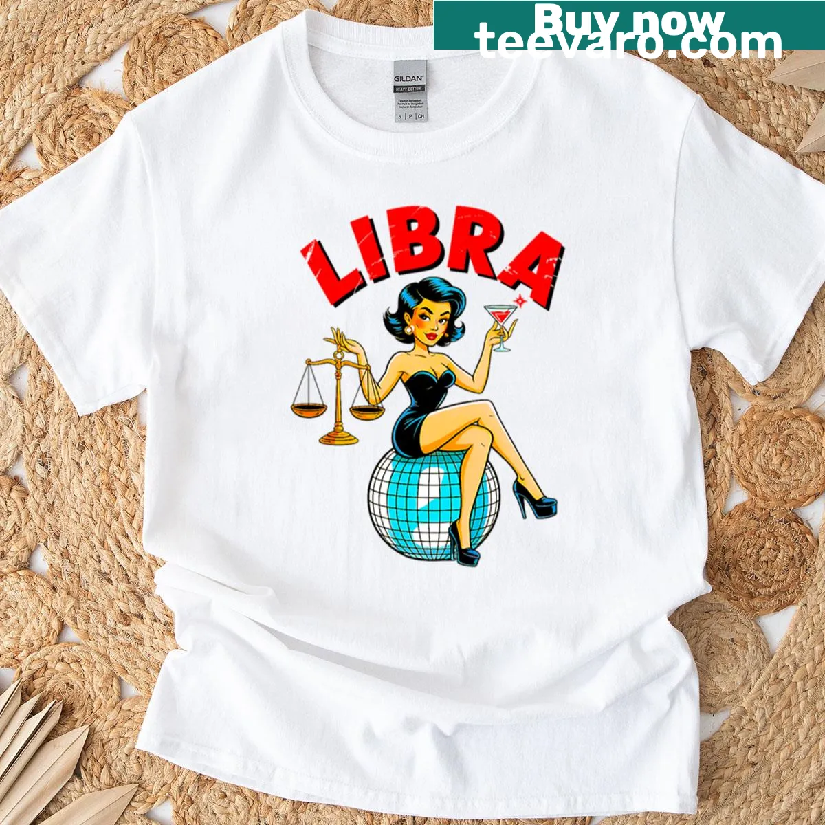 Illustrated Libra zodiac girl on a disco ball graphic t-shirt — on a men's t-shirt