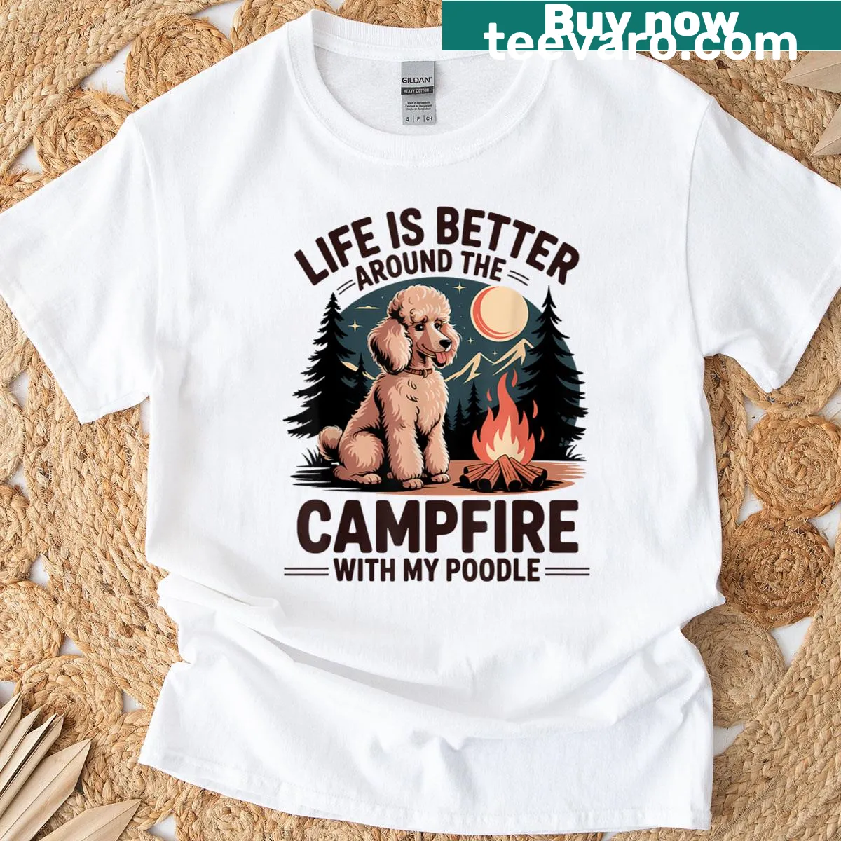 Campfire scene with poodle illustration T-shirt for dog lovers. — on a men's t-shirt