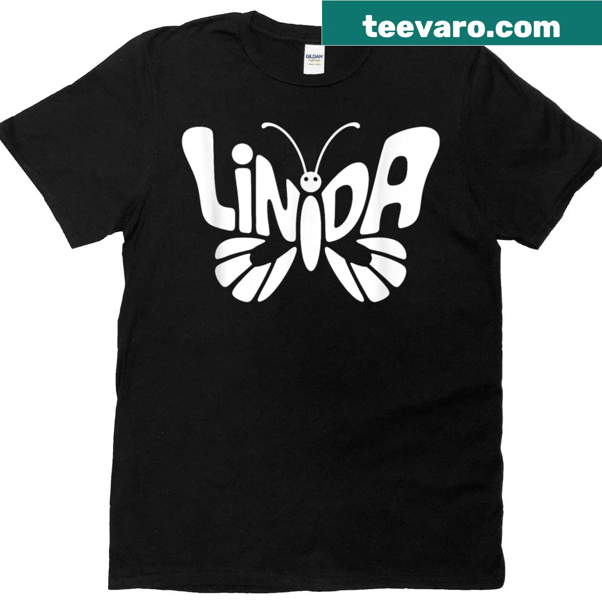 Personalized t-shirt featuring the name Linda in a butterfly design. — on a men's t-shirt