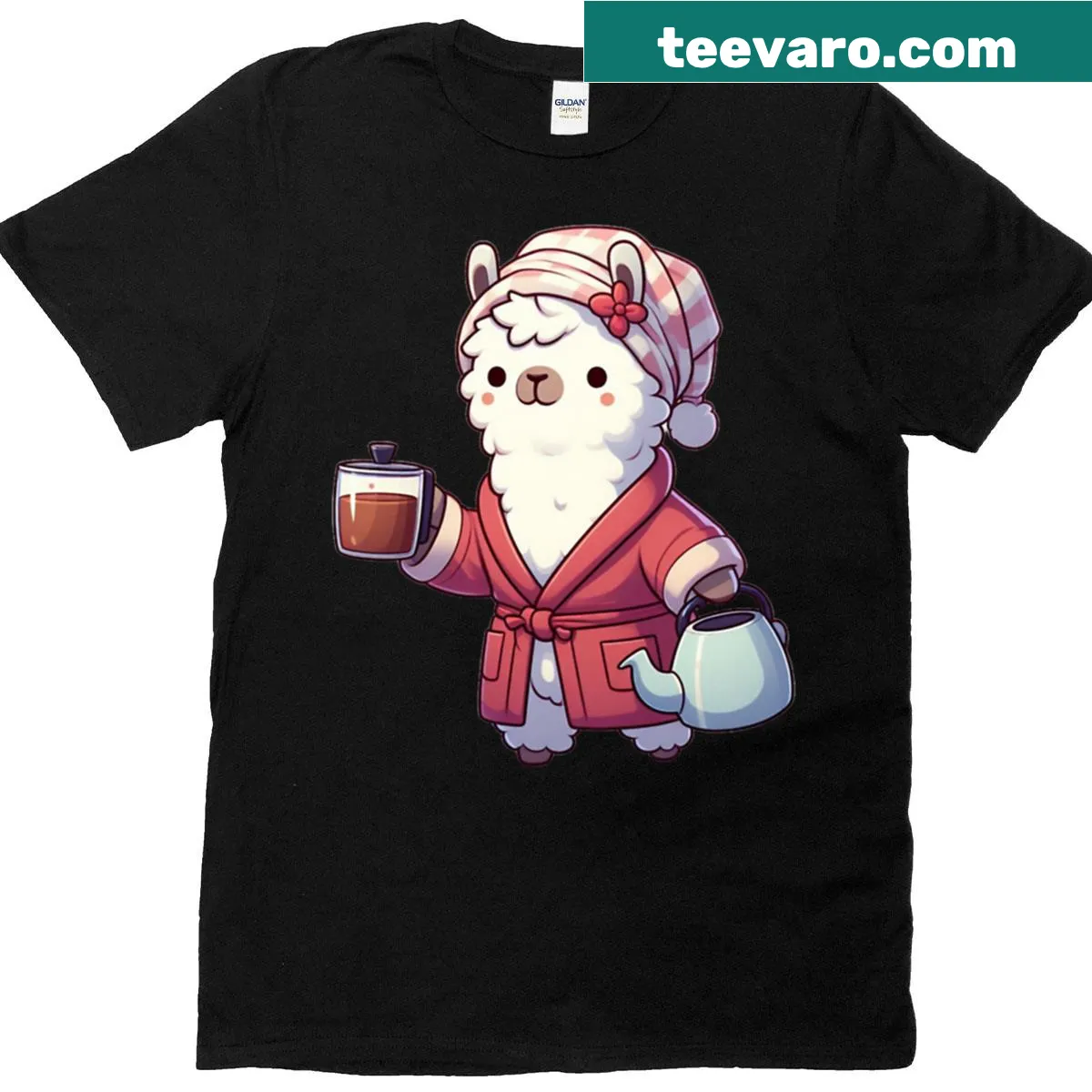 Funny cartoon t-shirt featuring a llama and coffee theme. — on a men's t-shirt