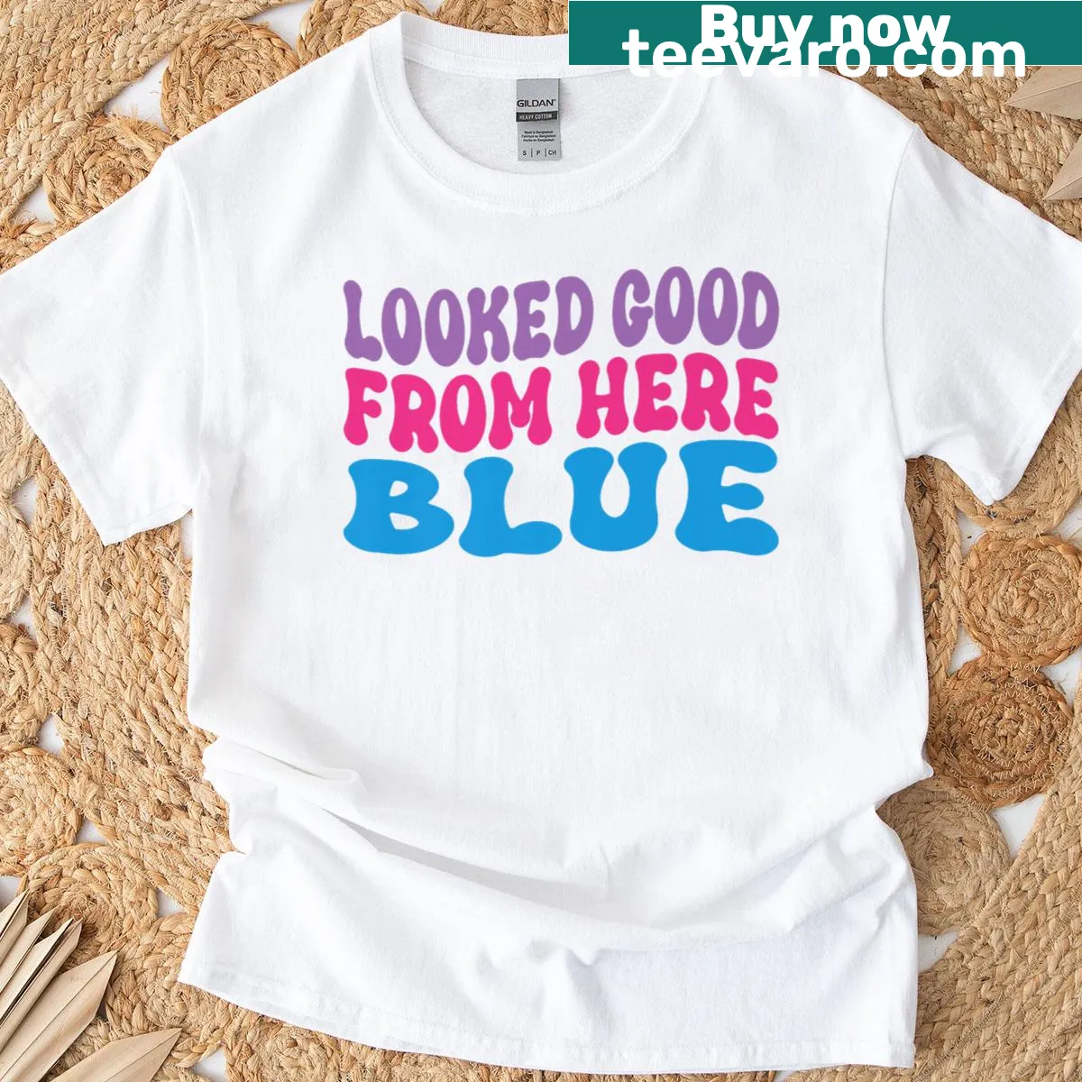 Funny umpire shirt with the quote 'Looked Good From Here' in blue. — on a men's t-shirt