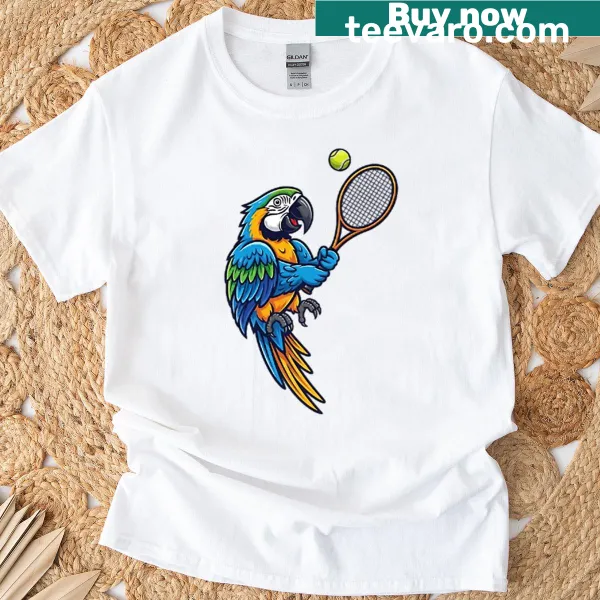 T-shirt featuring a macaw playing tennis