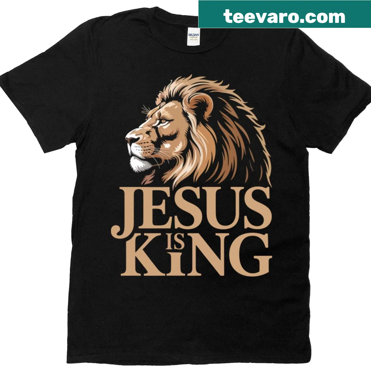 Illustration of a lion with the phrase 'Jesus Is King' on T-shirt. — on a men's t-shirt