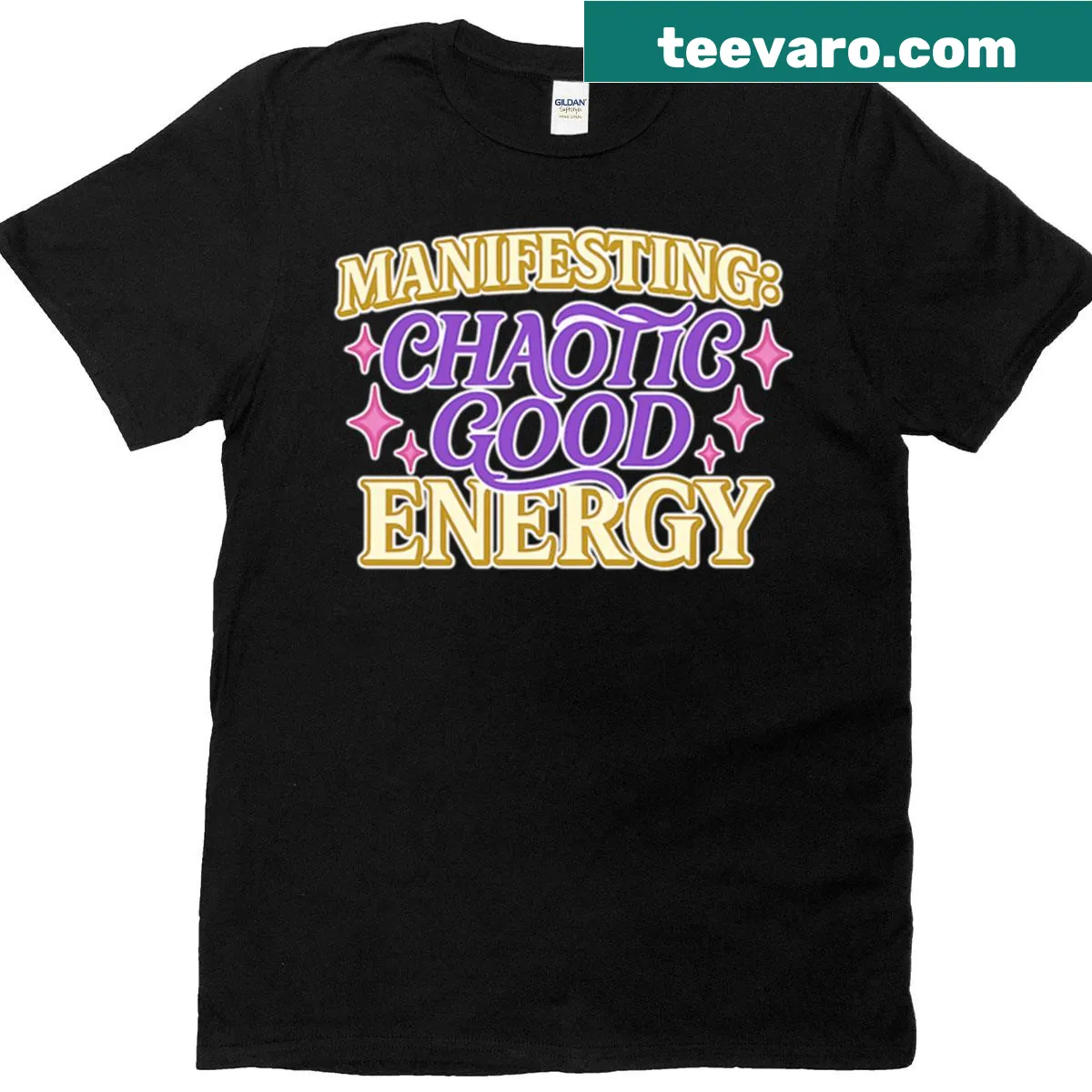 Typography t-shirt with sparkly text about chaotic good energy — on a men's t-shirt