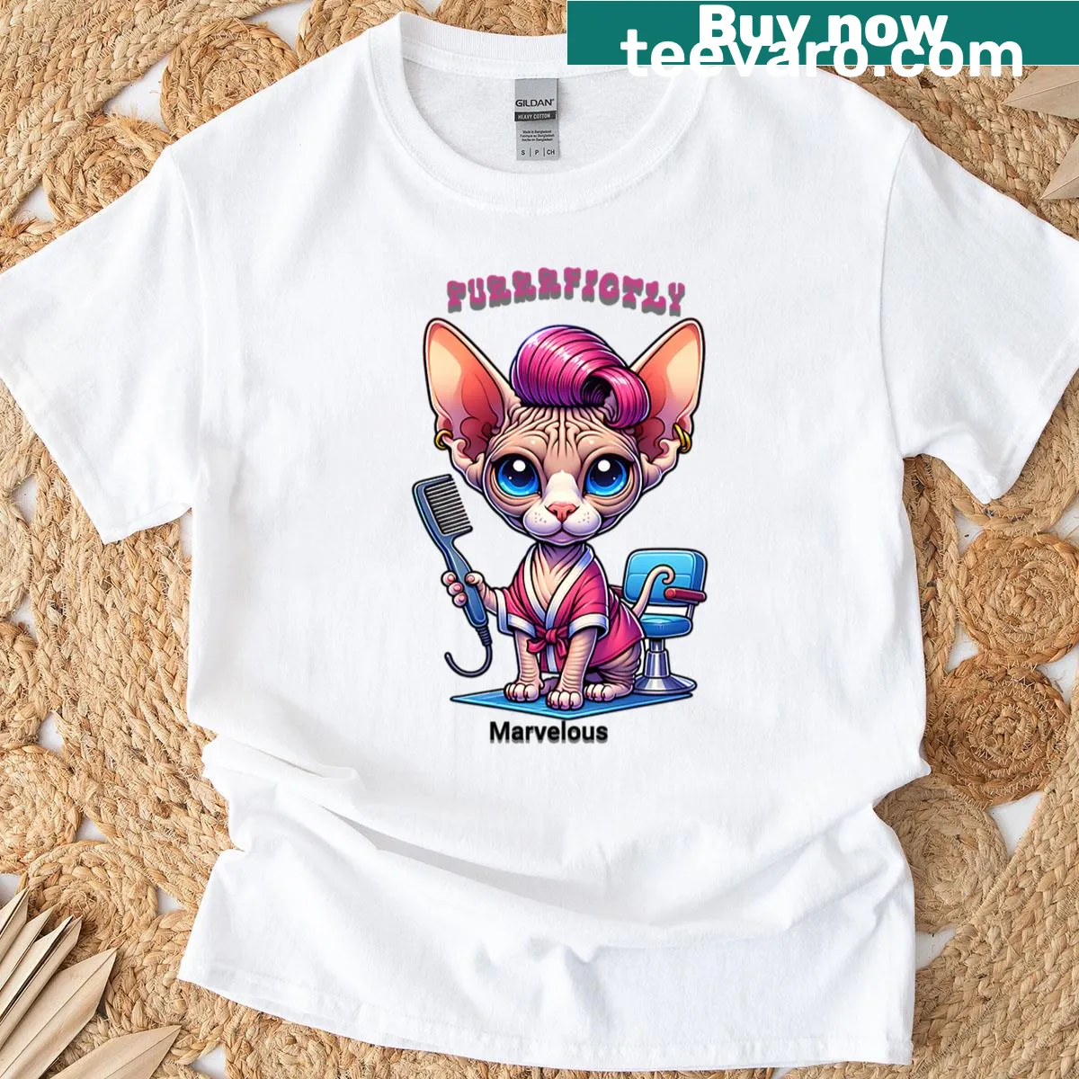 Funny illustration of a Sphynx cat styled as a hairstylist. — on a men's t-shirt