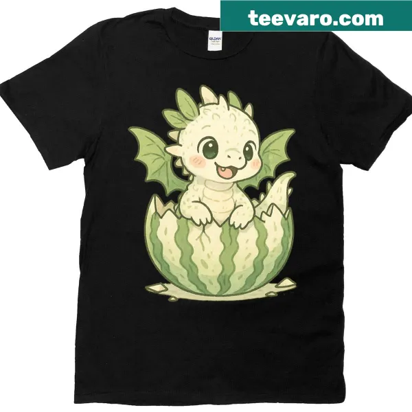 Oversized t-shirt with an illustration of a cute melon dragon hatchling