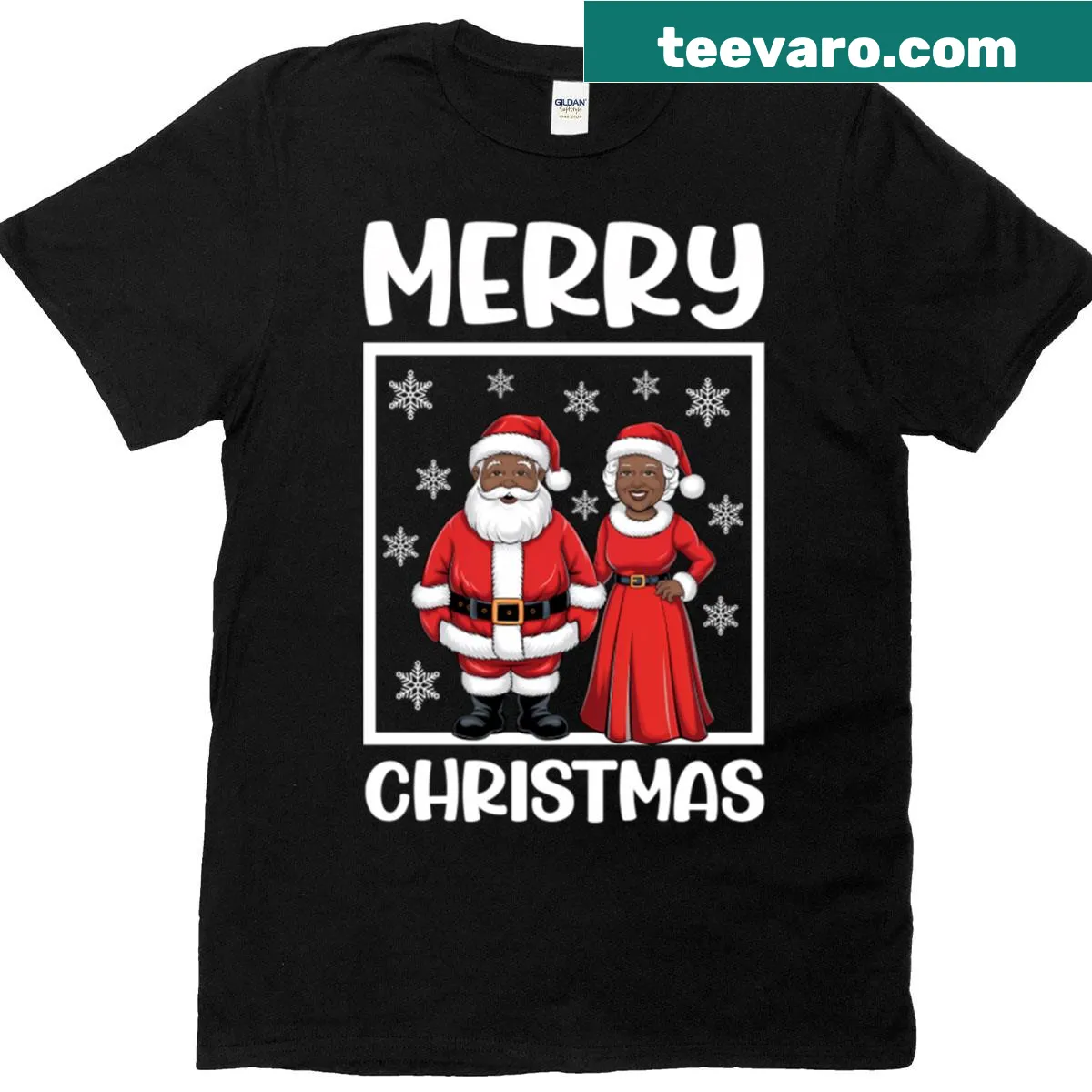 Festive t-shirt featuring a cheerful African American Santa Claus — on a men's t-shirt