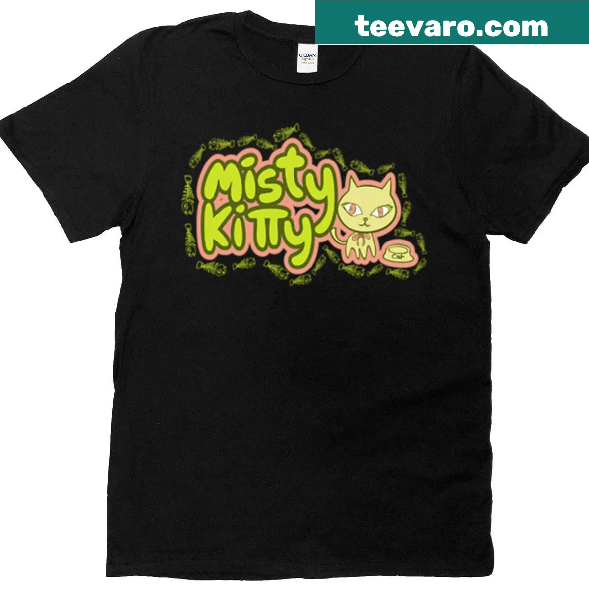 Cute t-shirt featuring a cartoon design of a cat named Misty — on a men's t-shirt