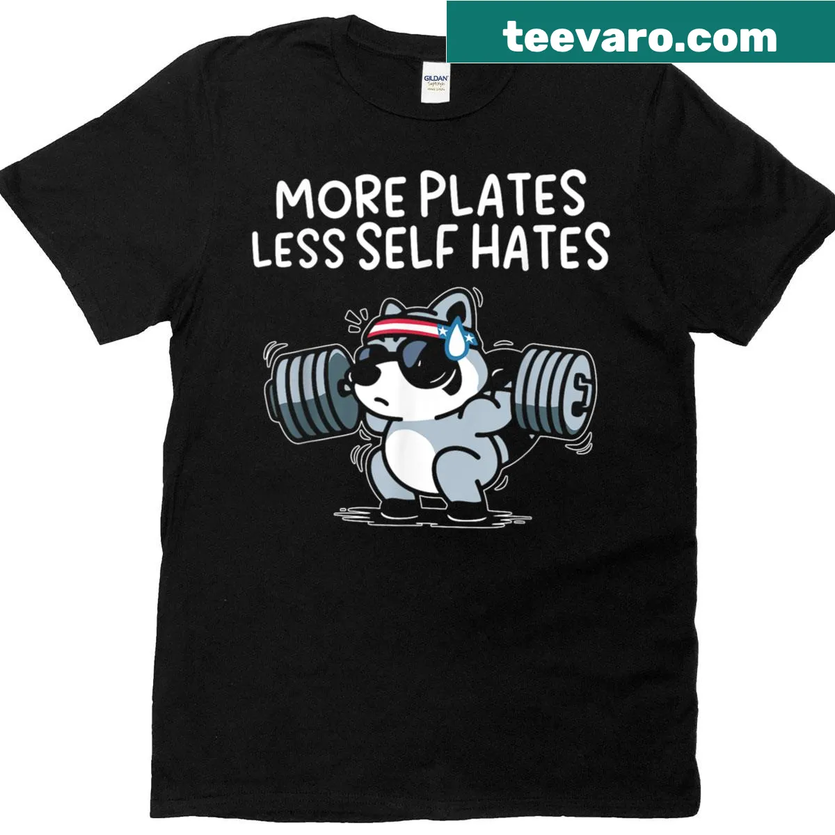 Inspirational T-shirt with the phrase 'More Plates Less Self Hates'. — on a men's t-shirt