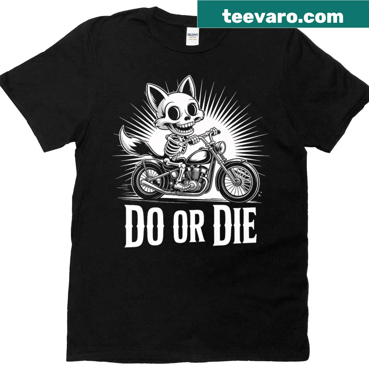 Humorous t-shirt with a skeleton fox design for motorcycle lovers — on a men's t-shirt
