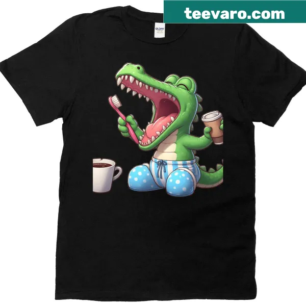 Cartoon crocodile in sleepy morning routine on oversized t-shirt