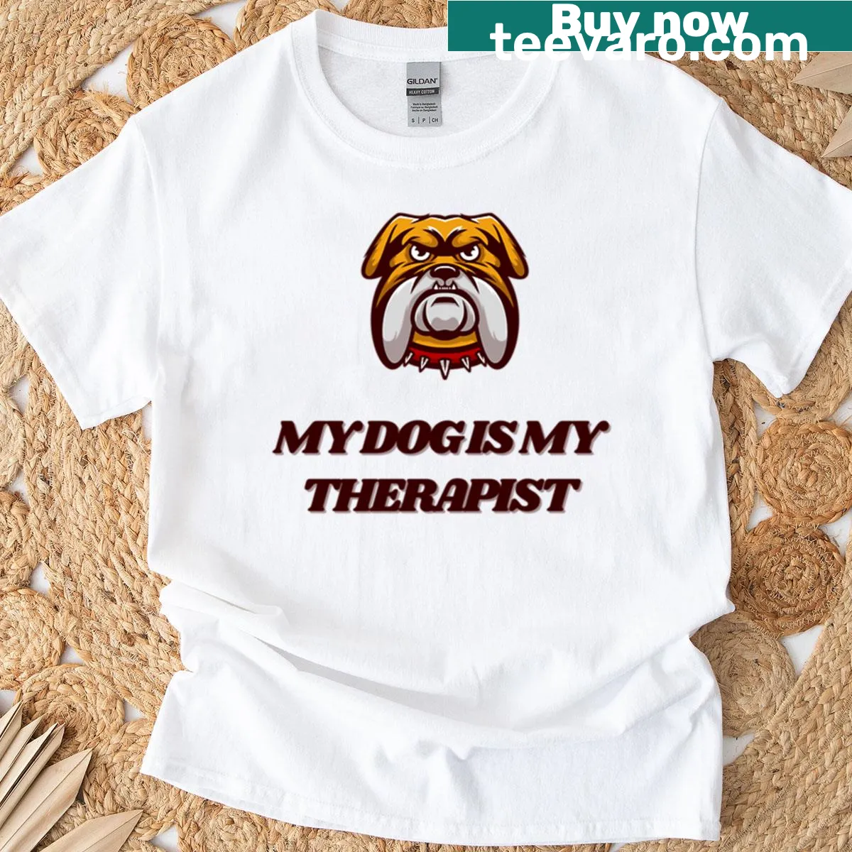 Funny pitbull illustration on T-shirt about dog therapy — on a men's t-shirt