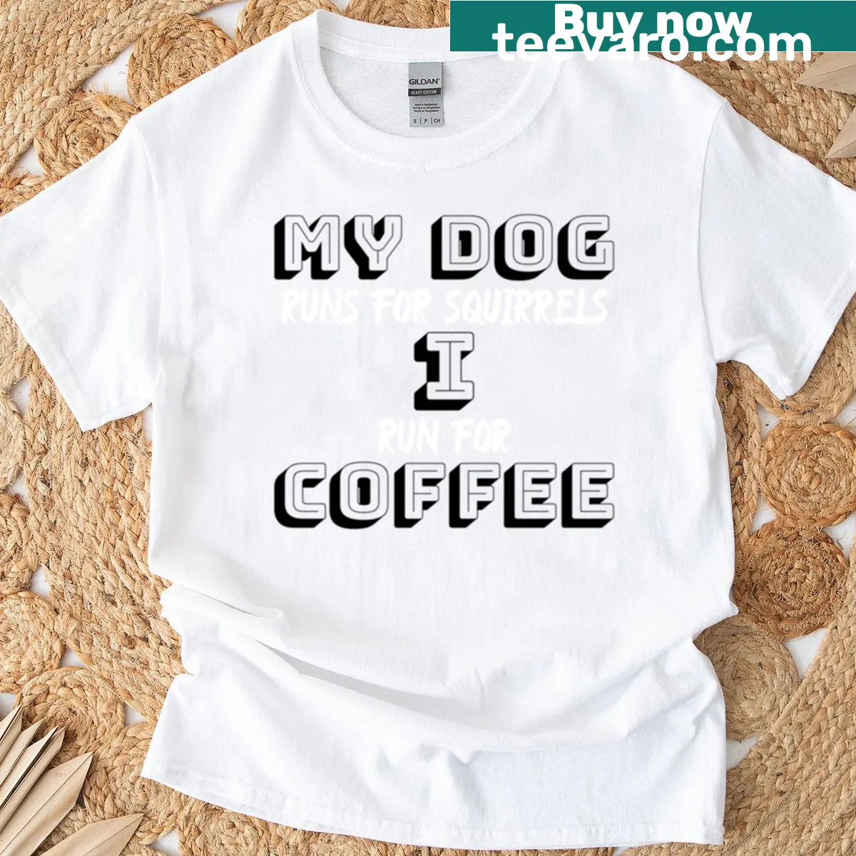 Illustration of a dog and coffee theme with text — on a men's t-shirt