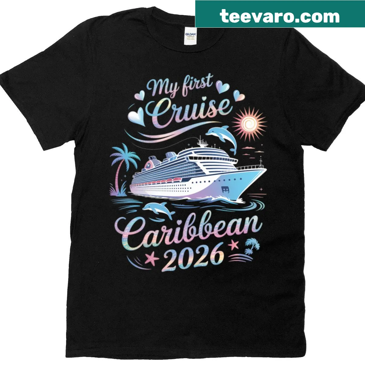 T-shirt celebrating the first cruise with a Caribbean vacation theme — on a men's t-shirt