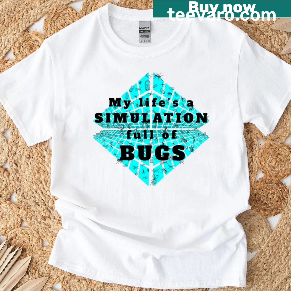 Funny programming meme shirt with the phrase 'My Life's A Simulation Full Of Bugs' — on a men's t-shirt