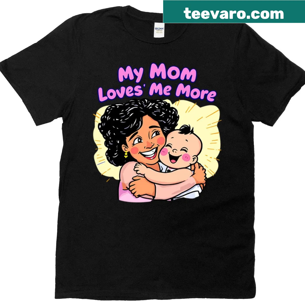 Cute cartoon design t-shirt showing mother and baby hug with text — on a men's t-shirt