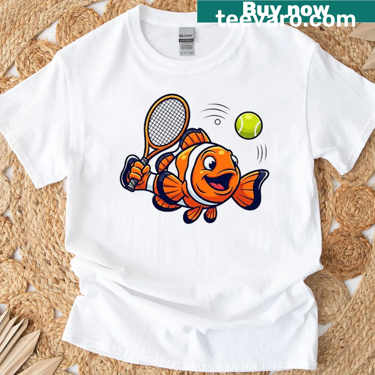 Illustration of a clownfish playing tennis — on a men's t-shirt