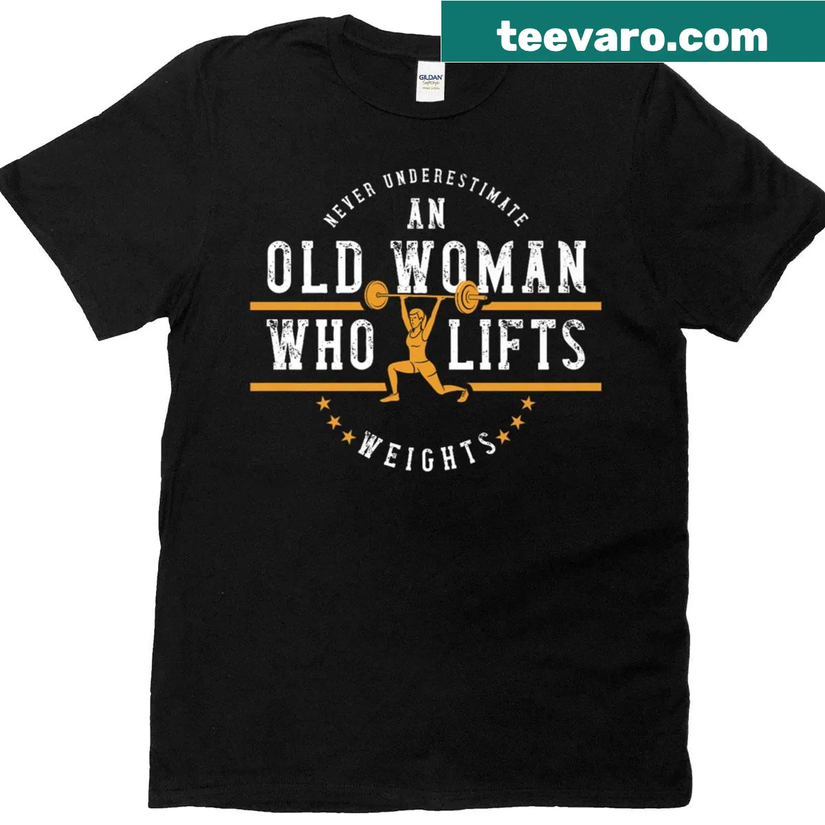 Empowering T-shirt with the phrase 'Never Underestimate Old Woman Weightlifting' — on a men's t-shirt