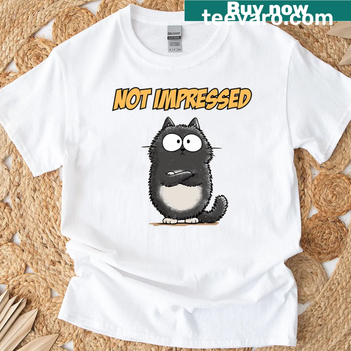 Oversized T-shirt featuring a cartoon black cat with an unimpressed expression — on a men's t-shirt