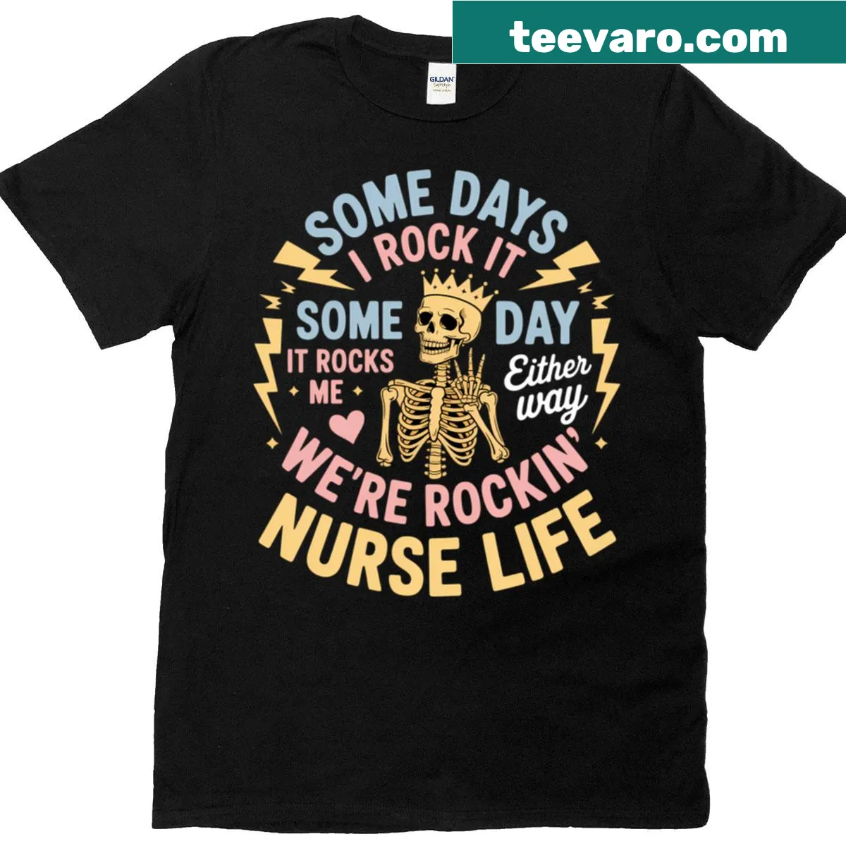 Skeleton nurse illustration with humorous text for healthcare workers — on a men's t-shirt